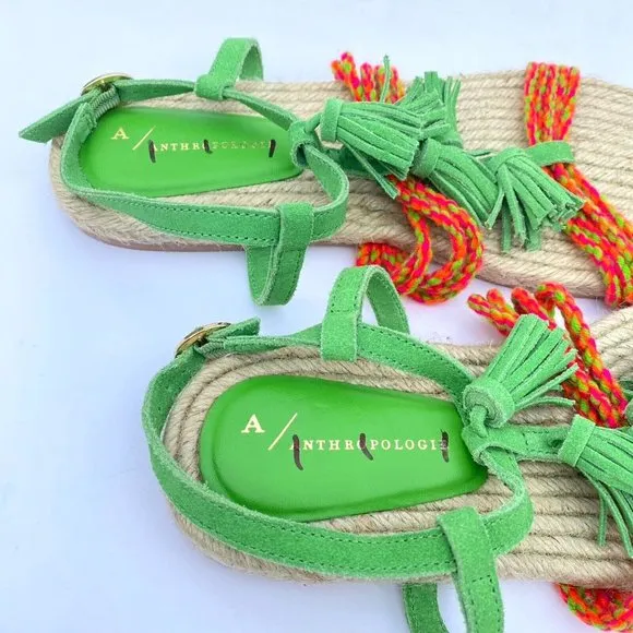 Anthropologie Fringed Rope Sandals Green Suede Boho Tassel Size 10M NWOB