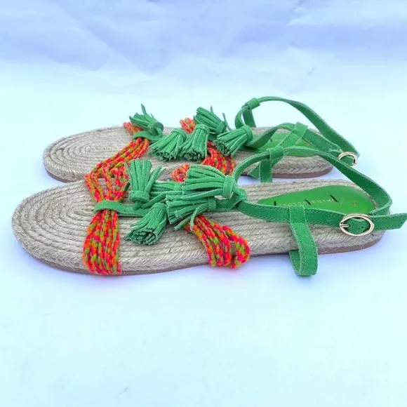 Anthropologie Fringed Rope Sandals Green Suede Boho Tassel Size 10M NWOB