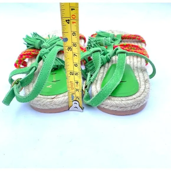 Anthropologie Fringed Rope Sandals Green Suede Boho Tassel Size 10M NWOB
