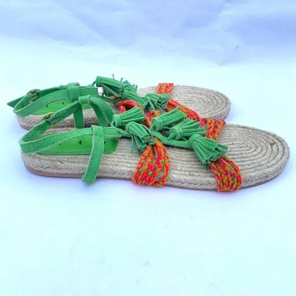 Anthropologie Fringed Rope Sandals Green Suede Boho Tassel Size 10M NWOB