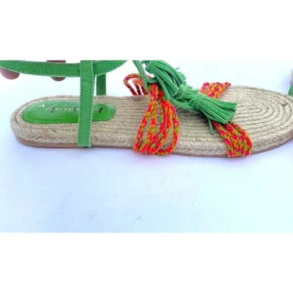Anthropologie Fringed Rope Sandals Green Suede Boho Tassel Size 10M NWOB