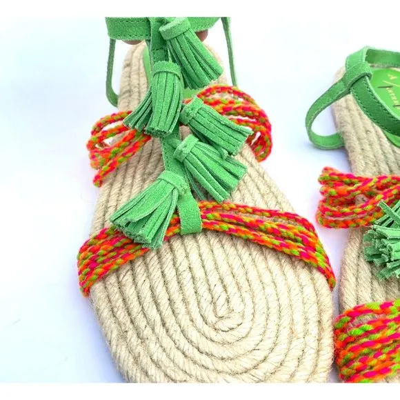 Anthropologie Fringed Rope Sandals Green Suede Boho Tassel Size 10M NWOB