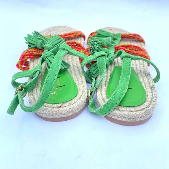 Anthropologie Fringed Rope Sandals Green Suede Boho Tassel Size 10M NWOB