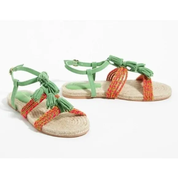 Anthropologie Fringed Rope Sandals Green Suede Boho Tassel Size 10M NWOB