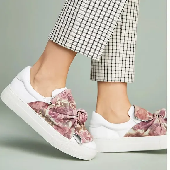 Anthropologie J Slides Audra Floral Sneakers White Leather Velvet Bow Size 7.5