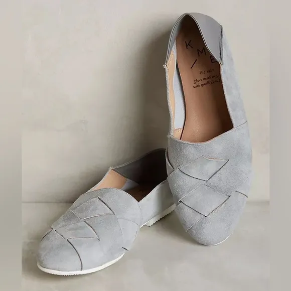Anthropologie RARE KMB Fold-Back Flats Gray Suede Woven Shoes