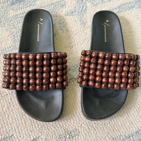 ANTHROPOLOGIE WOODEN BEAD SLIDE MINIMALIST SANDALS SIZE 8.5 NWOT