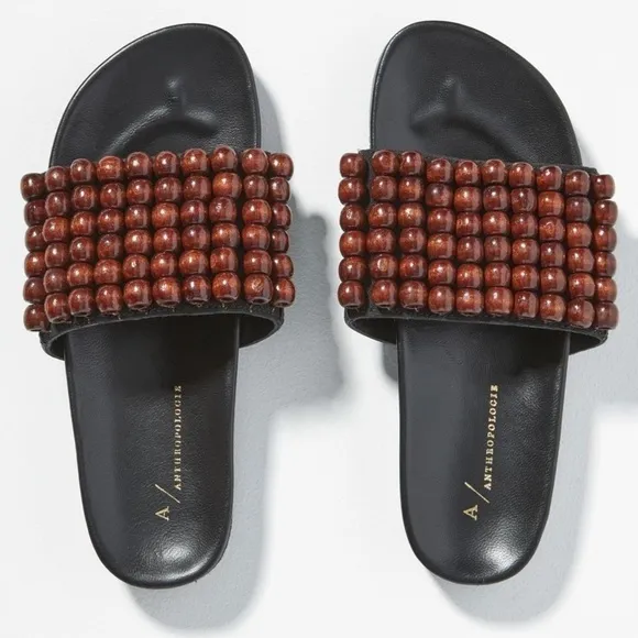 ANTHROPOLOGIE WOODEN BEAD SLIDE MINIMALIST SANDALS SIZE 8.5 NWOT
