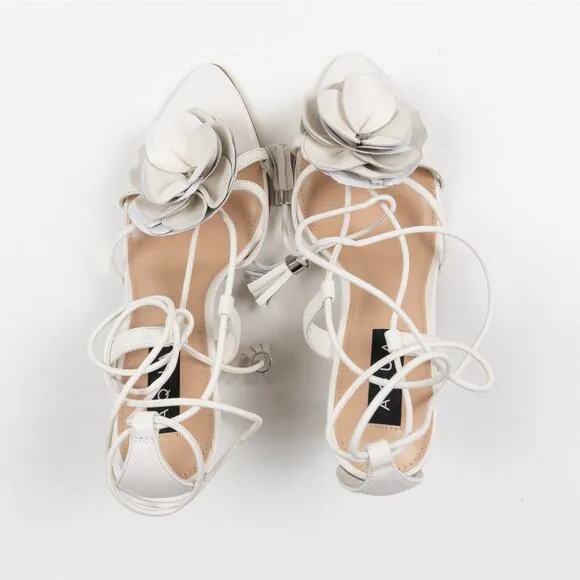 Aqua Women Flower Ankle Tie High Heel Sandals White Leaf Size 10