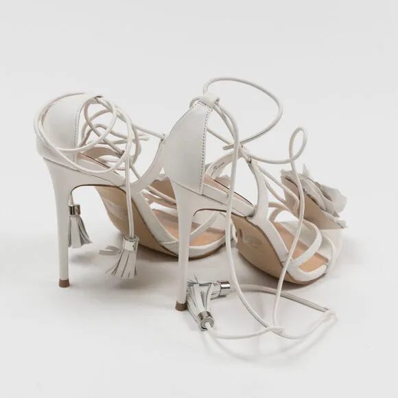 Aqua Women Flower Ankle Tie High Heel Sandals White Leaf Size 10
