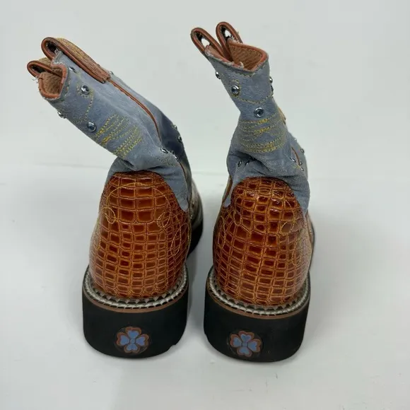 Ariat blue leather suede round toe croc western rodeo boots crocodile