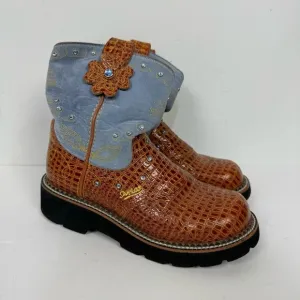 Ariat blue leather suede round toe croc western rodeo boots crocodile