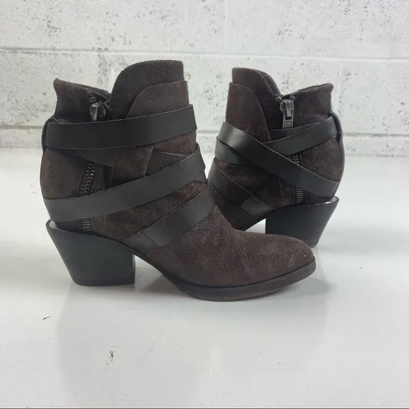 ASH MANHATTAN STRAPPED ANKLE BOOTS SIDE ZIP BROWN DISTRESSED SUEDE SIZE 38