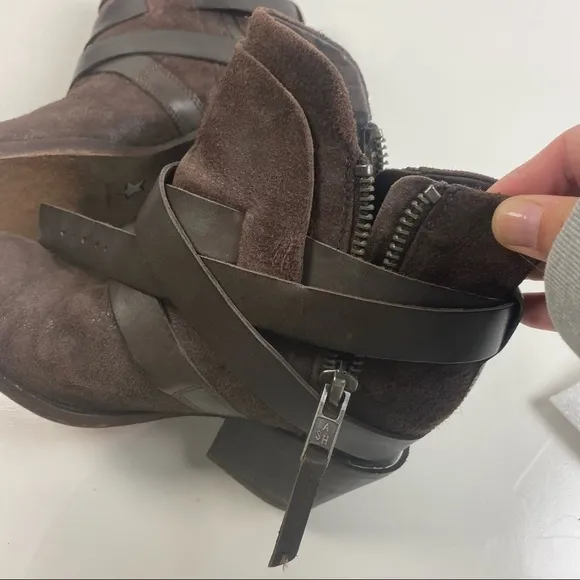 ASH MANHATTAN STRAPPED ANKLE BOOTS SIDE ZIP BROWN DISTRESSED SUEDE SIZE 38