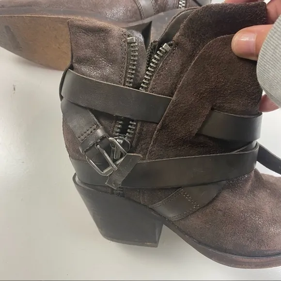 ASH MANHATTAN STRAPPED ANKLE BOOTS SIDE ZIP BROWN DISTRESSED SUEDE SIZE 38