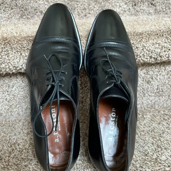 a.testoni Men's Black Leather Oxfords Dress Shoes.
