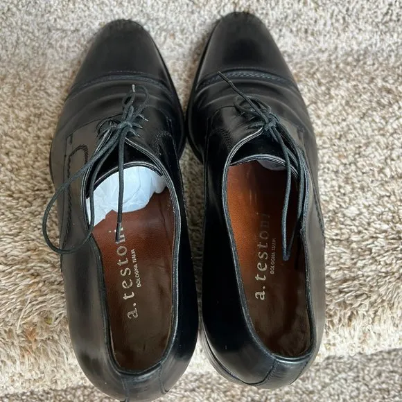 a.testoni Men's Black Leather Oxfords Dress Shoes.