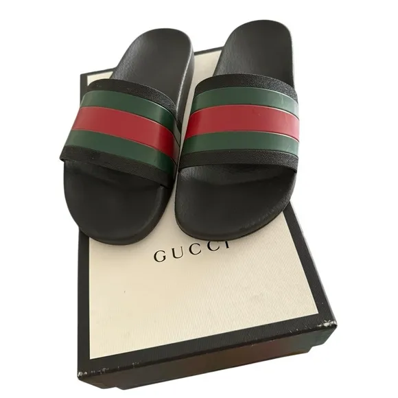 Authentic GUCCI Pursuit Web Logo Black Slides Sandals Size 12 EU 46