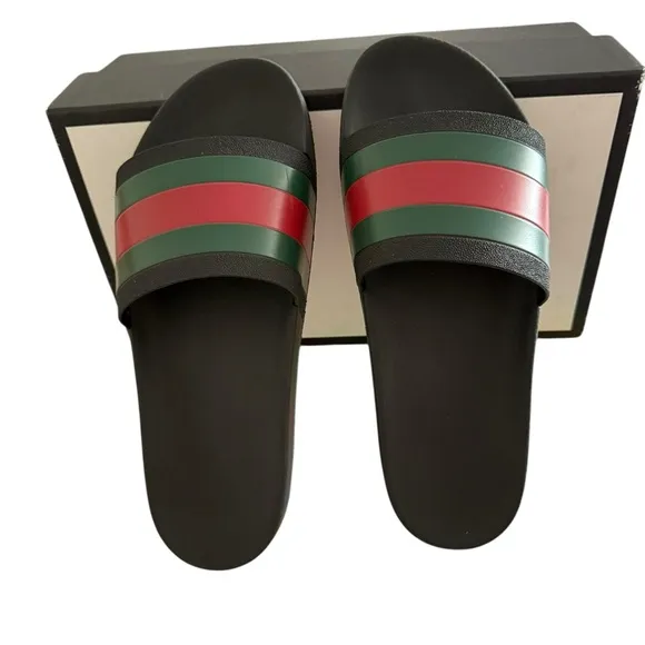Authentic GUCCI Pursuit Web Logo Black Slides Sandals Size 12 EU 46