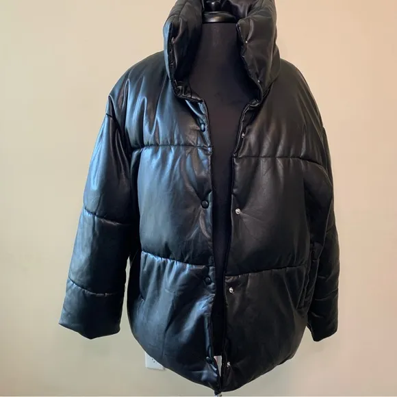 AVEC LES FILLES Black Faux Leather Puffer Jacket Size XL