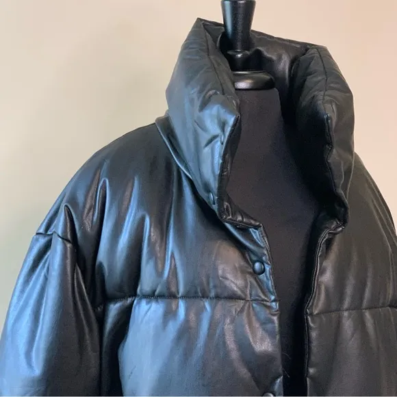 AVEC LES FILLES Black Faux Leather Puffer Jacket Size XL