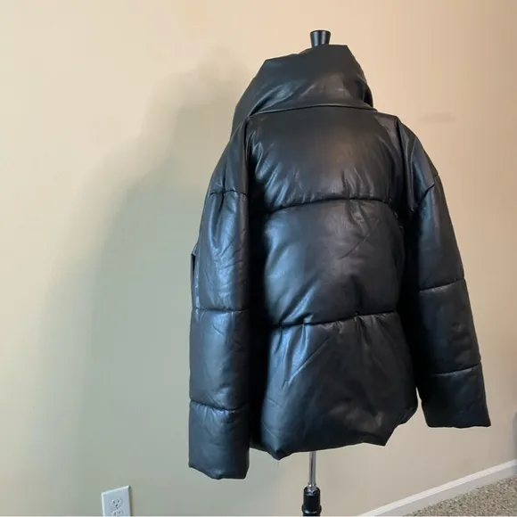 AVEC LES FILLES Black Faux Leather Puffer Jacket Size XL