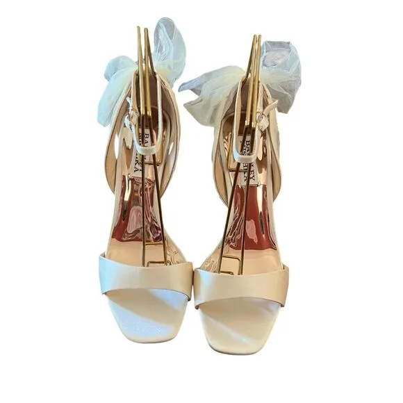 Badgley Mischka Kim Mesh Tulle Back  Bow Block Heel Wedding Ivory NEW Size 6