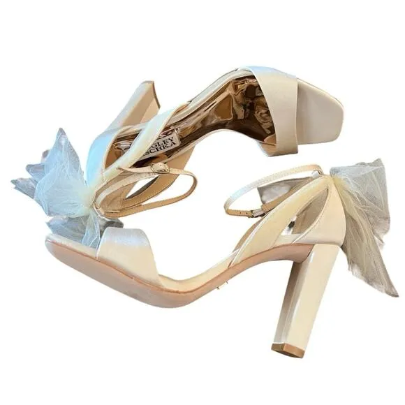 Badgley Mischka Kim Mesh Tulle Back  Bow Block Heel Wedding Ivory NEW Size 6