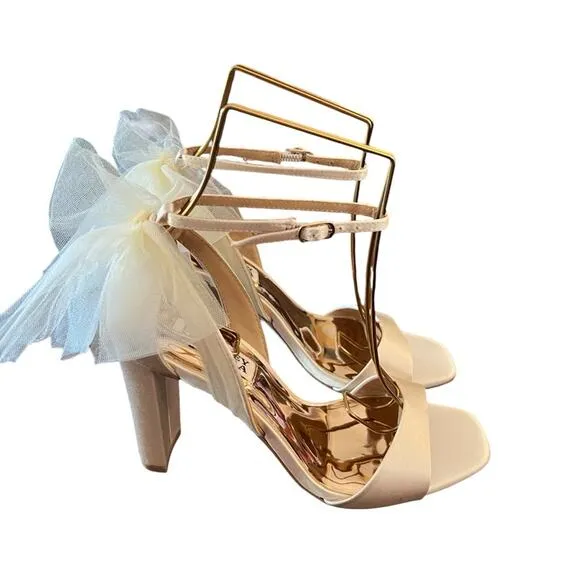 Badgley Mischka Kim Mesh Tulle Back  Bow Block Heel Wedding Ivory NEW Size 6