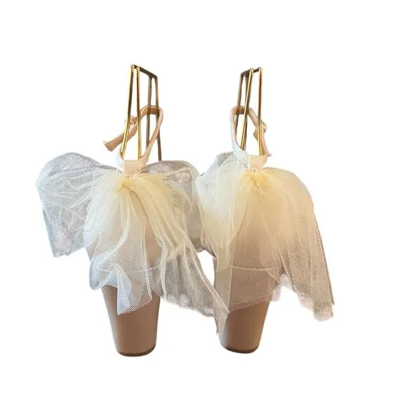 Badgley Mischka Kim Mesh Tulle Back  Bow Block Heel Wedding Ivory NEW Size 6