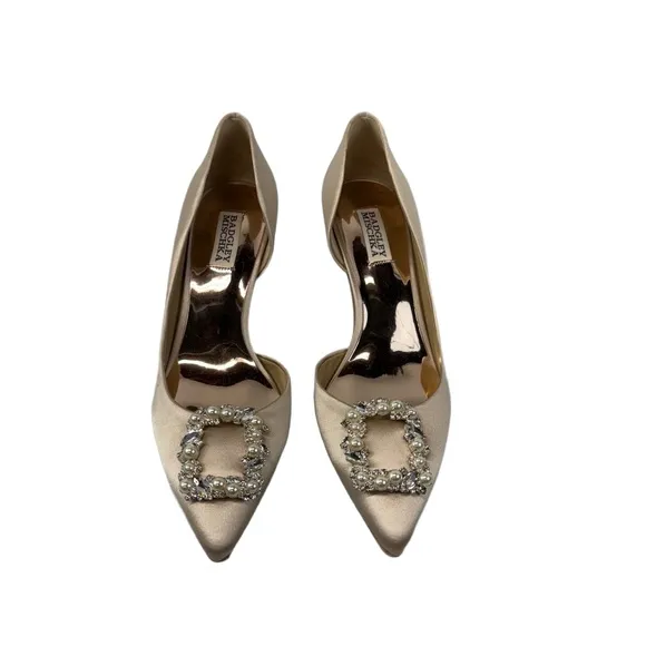 Badgley Mischka Womens 9 Fabia Pointed Toe Slip On d'Orsay Pumps Nude Satin