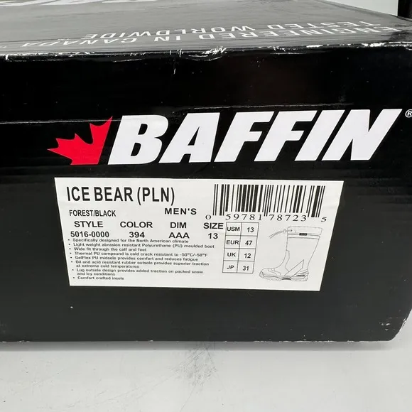 Baffin Boots Mens 13 ICE BEAR (PLN) Forest Green Black 5016-0000 Rubber NEW