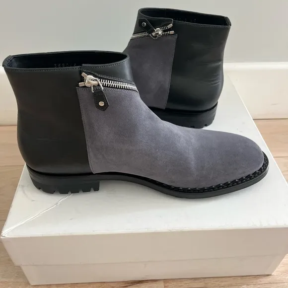 BALENCIAGA MENS BOOTS BLACK LEATHER/GRAY SUEDE &amp; ZIPPER Size  45 (11.5)