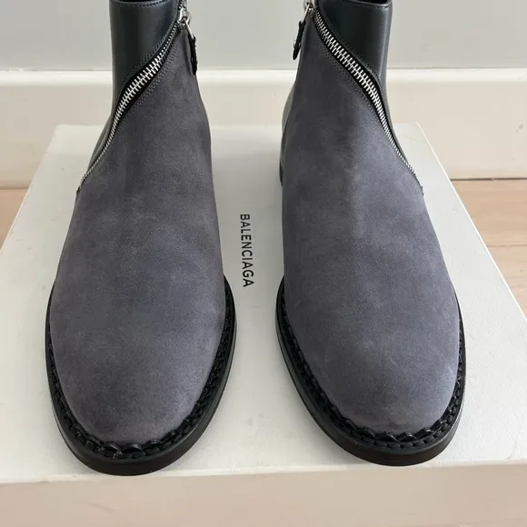 BALENCIAGA MENS BOOTS BLACK LEATHER/GRAY SUEDE &amp; ZIPPER Size  45 (11.5)