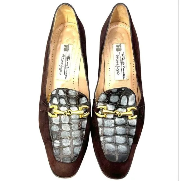 BALENCIAGA VTG Womans shoes 37 6.5 brown gold El Corte ingles horsebit suede