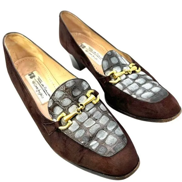 BALENCIAGA VTG Womans shoes 37 6.5 brown gold El Corte ingles horsebit suede