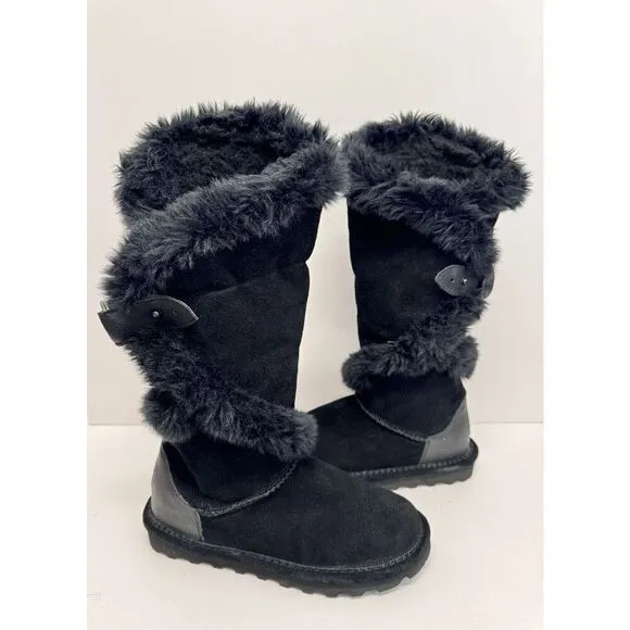 Bearpaw Boots Size 5 Black Womens Sheilah Suede Boots Sheepskin Footbed NEW