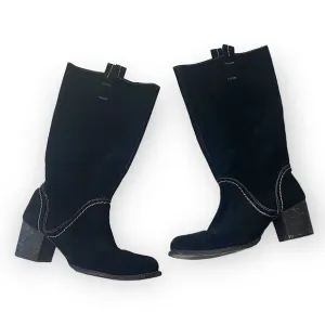 Bed Stu Black Suede Mid Calf Boots, chunky heel, Size 6