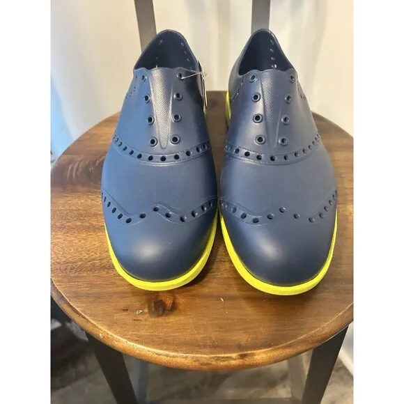 Biion Golf Shoes Men's 9 Navy Blue Yellow Neon Spikeless Wingtip Brogue Slip On