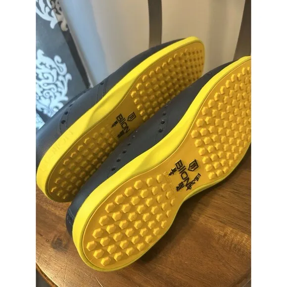 Biion Golf Shoes Men's 9 Navy Blue Yellow Neon Spikeless Wingtip Brogue Slip On