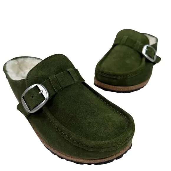 Birkenstock Buckley 41 EU Suede Green Shearling Lined Clogs Shoes Women Sz 10 US