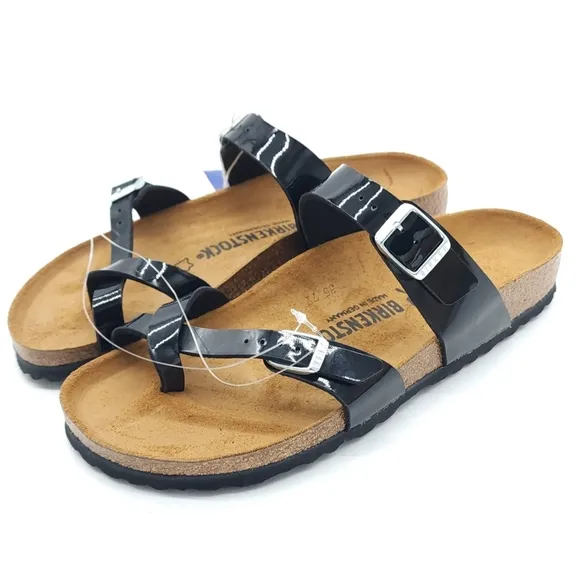 Birkenstock Mayari Black Shiny Patent Cork Reg Footbed Sandal Size 10 Narrow Fit
