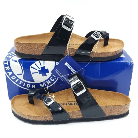 Birkenstock Mayari Black Shiny Patent Cork Reg Footbed Sandal Size 10 Narrow Fit