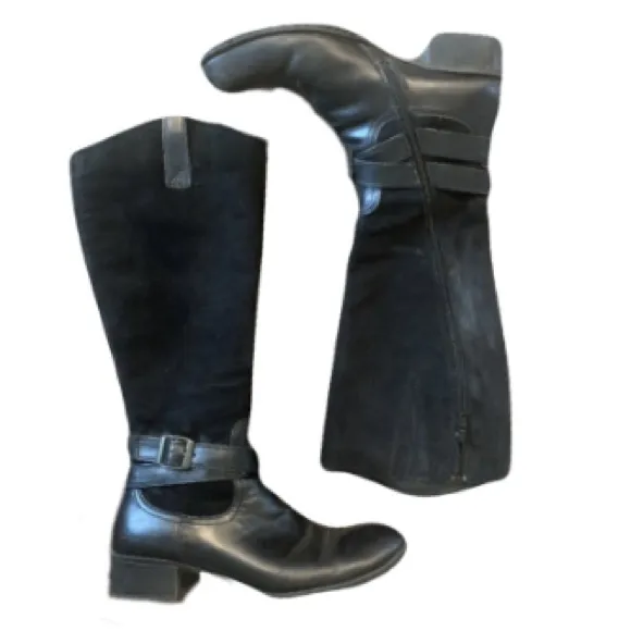 BOC Black Leather Suede Tall Riding Boots Moto Buckles Womens 9/40.5