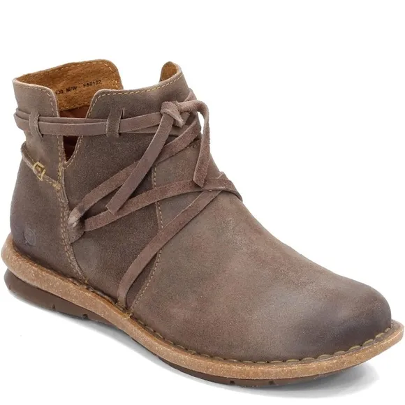 Born Women's Brown Tarkiln Suede Ankle Boots Size 9 US Zip Leather Wrap Laces