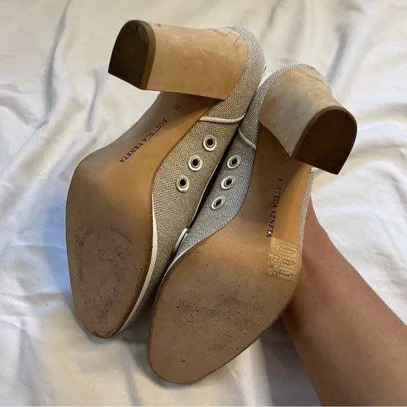 Bottega Veneta Canvas Pumps High Wooden Embroidered Heel Shoes Sz 36