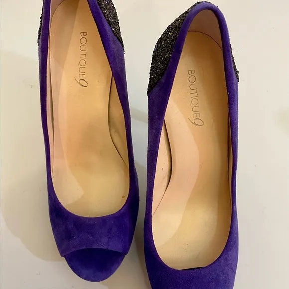 Boutique 9 Purple Suede Glitter 5” Heels Open Toe Shoe Leather 9M
