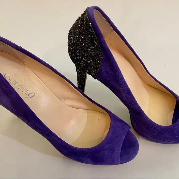 Boutique 9 Purple Suede Glitter 5” Heels Open Toe Shoe Leather 9M