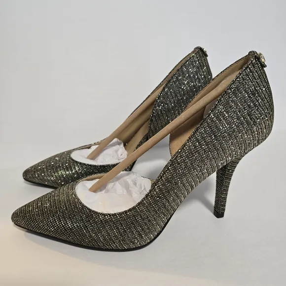 Brand New Michael Kors Nathalie Flex High Pump Black Gold Mesh, Women’s 7.5
