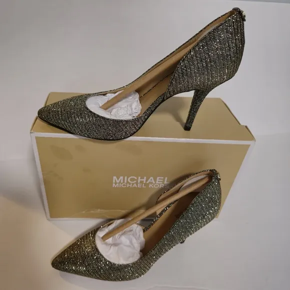 Brand New Michael Kors Nathalie Flex High Pump Black Gold Mesh, Women’s 7.5